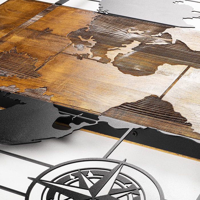 Wallity World Map With Compass - Accesorio de Pared Decorativo de Madera